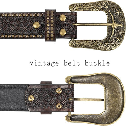 INOGIH Adjustable-Vintage-Western-Cowboy-Belt Women Men - Cowboy-Style Engraved-Buckle Belt for Jeans Pants Dresses