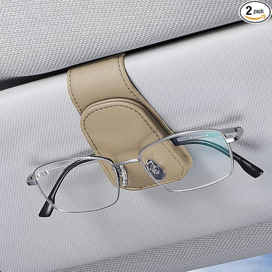 2PCS Sunglasses Holders for Car Sun Visor, Leather Eyeglasses Hanger Mounter, Magnetic Glasses Holder and Ticket Card Clip, Universal Auto Interior Accessories (Beige, 1PCS)
