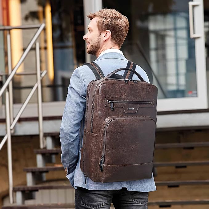 Shrrie Leather Laptop Backpack for Women and Men,28 L Travel Backpack Computer Bag Fits 16 inch Laptop,Expandable Casual Daypack with USB Charging Port for Work Business Weekender College,Coffee