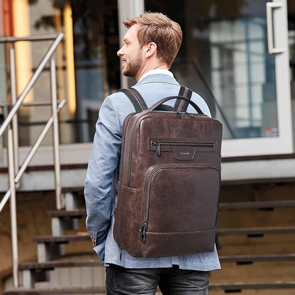 Shrrie Leather Laptop Backpack for Women and Men,28 L Travel Backpack Computer Bag Fits 16 inch Laptop,Expandable Casual Daypack with USB Charging Port for Work Business Weekender College,Coffee