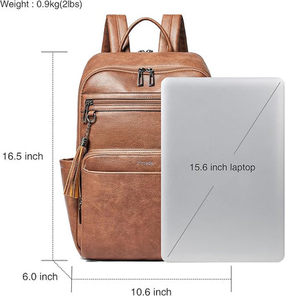 Leather Laptop Backpack for Women,Leather Backpack with Laptop Compartment Fit 15.6 inch Laptops,Carry-on Travel Backpacks,Casual Daypack for Work Business Weekender College,Brown