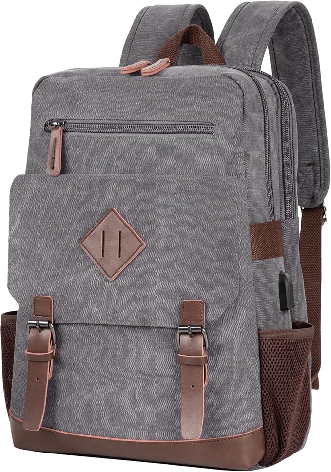 Modoker Eco-Friendly Vintage Backpack for Men Women, Canvas Bookpack Fits Most 15.6 Inches Computer and Tablets, Rucksack Backpack with USB Charging Port, Grey