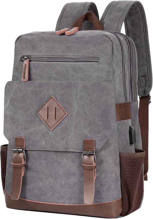 Modoker Eco-Friendly Vintage Backpack for Men Women, Canvas Bookpack Fits Most 15.6 Inches Computer and Tablets, Rucksack Backpack with USB Charging Port, Grey