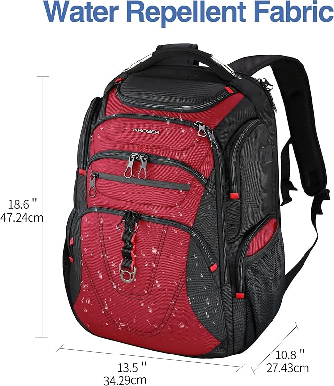 KROSER TSA Friendly Travel Laptop Backpack 17.3 inch XXXL Gaming Backpack Water-Repellent College Daypack Business Backpack with RFID Pockets & USB Port for Men/Women-Black/Red