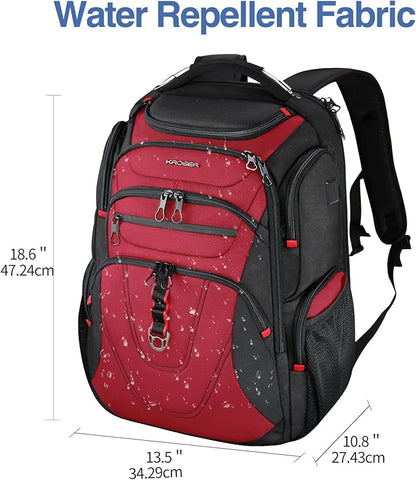 KROSER TSA Friendly Travel Laptop Backpack 17.3 inch XXXL Gaming Backpack Water-Repellent College Daypack Business Backpack with RFID Pockets & USB Port for Men/Women-Black/Red