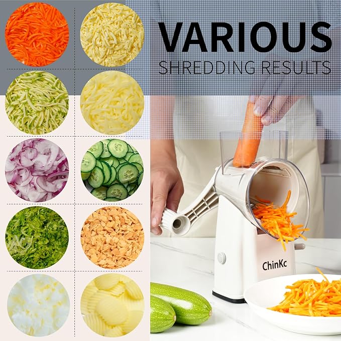 Upgrade Rotary Cheese Grater Shredder with Handle, Strong Suction Base, Multi-purpose Rotary Grater Slicer with 5 Interchangeable Blades for Ice, Vegetables, Fruit, Nuts with Blade Storage Box