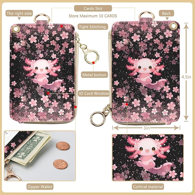 bolimoss Axolot ID Badge Holder & Lanyard Wallet 2-in-1Cute Sakura Womens Small Wallet with Removable Wristlet & Neck Lanyard, Clear Window, 5 Card Slots, Side Zipper Pocket, Ring Keychain