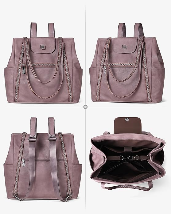 FADEON Large Laptop Tote Bag for Women Designer Leather Laptop Bag Fashion Travel Backpack Purse Shoulder Handbag