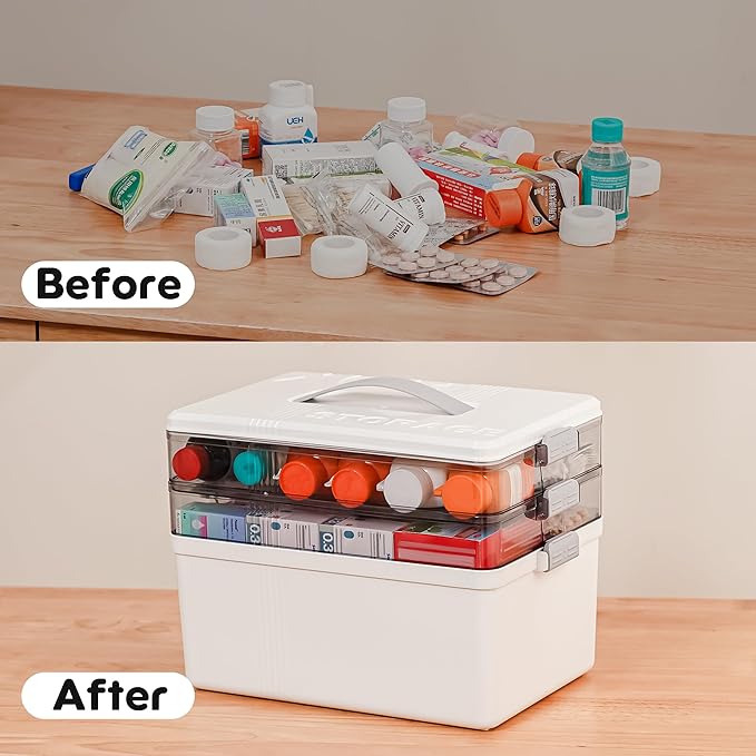 Citylife 3-Tier Medicine Organizer with Handle，Portable Medicine Cabinet First Aid Kit，Multi-Purpose Organizer for Family First Aid