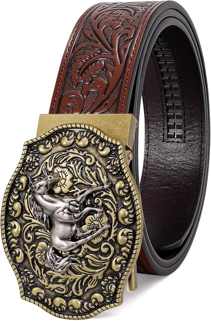 SANSTHS Western Cowboy Ratchet Belts for Men Women Leather Cowboy Belt with Automatic Western Buckle for Jeans Gifts