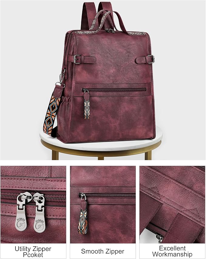 FADEON Leather Laptop Backpack for Women, Designer Ladies Work Travel Computer Backpack with Laptop Compartment Purse Red