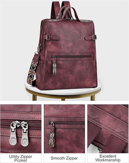 FADEON Leather Laptop Backpack for Women, Designer Ladies Work Travel Computer Backpack with Laptop Compartment Purse Red