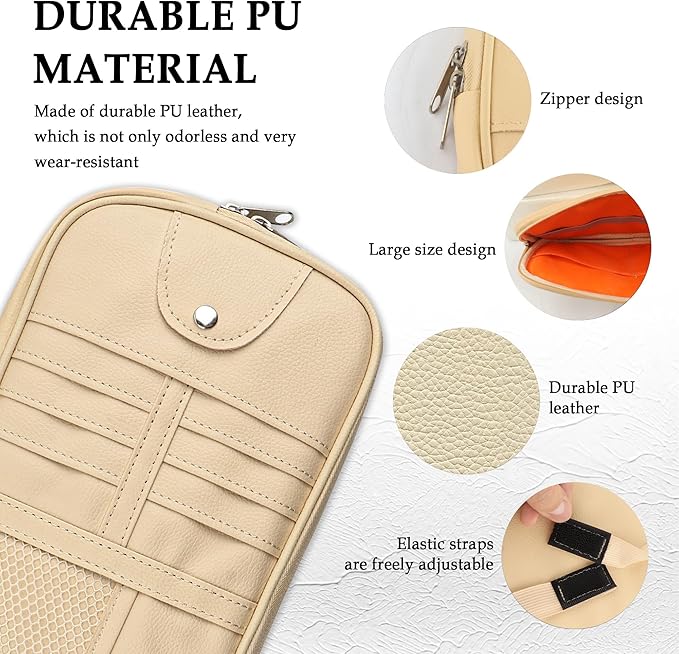 Upgrade Car Visor Organizer,Multipurpose Car Sun Visor Organizer with Sunglasses Holder for CCar Storage Bank Cards,Driver's License,PU Leather Truck VVisor Organizers for Most Vehicles (Beige)