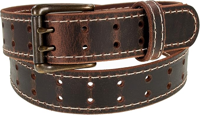 Men’s Classic Leather Belt, Double Prong Retro Style, Antique Brass Buckle, 1 ½” Width, Amish handmade in the USA