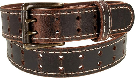 Men’s Classic Leather Belt, Double Prong Retro Style, Antique Brass Buckle, 1 ½” Width, Amish handmade in the USA