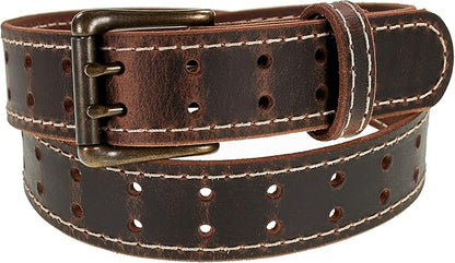 Men’s Classic Leather Belt, Double Prong Retro Style, Antique Brass Buckle, 1 ½” Width, Amish handmade in the USA