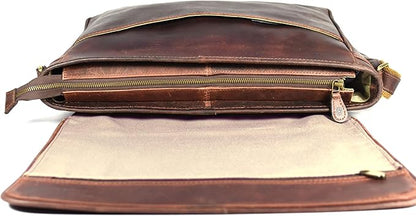 16" Crossbody Bag Leather Laptop Messenger Bag For Men with trolley sleeve for school office (Walnut)