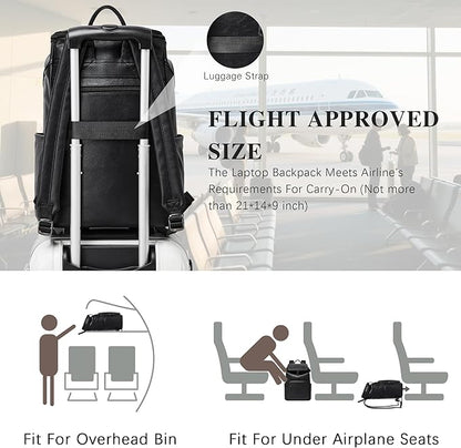 Leather Laptop Backpack for Women, 15.6 Inch Travel Backpack with Laptop Compartment, Casual Daypack Fashion Travel Backpack Purse for Travel College Work, Black