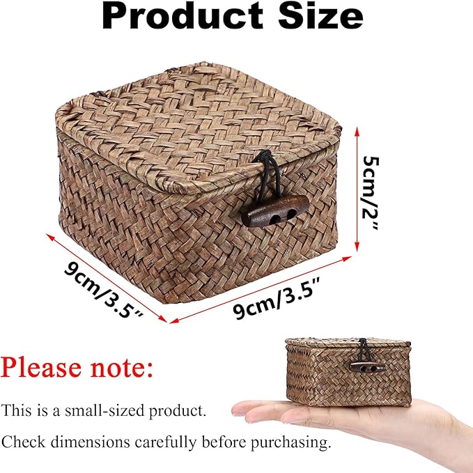 Hipiwe Mini Seagrass Basket Wicker Shelf Baskets with Lid Small Decorative Box Natural Storage Basket for Organizing Key Candy, Home Decor, 3.5"L x 3.5"W x 2"H