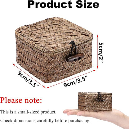 Hipiwe Mini Seagrass Basket Wicker Shelf Baskets with Lid Small Decorative Box Natural Storage Basket for Organizing Key Candy, Home Decor, 3.5"L x 3.5"W x 2"H