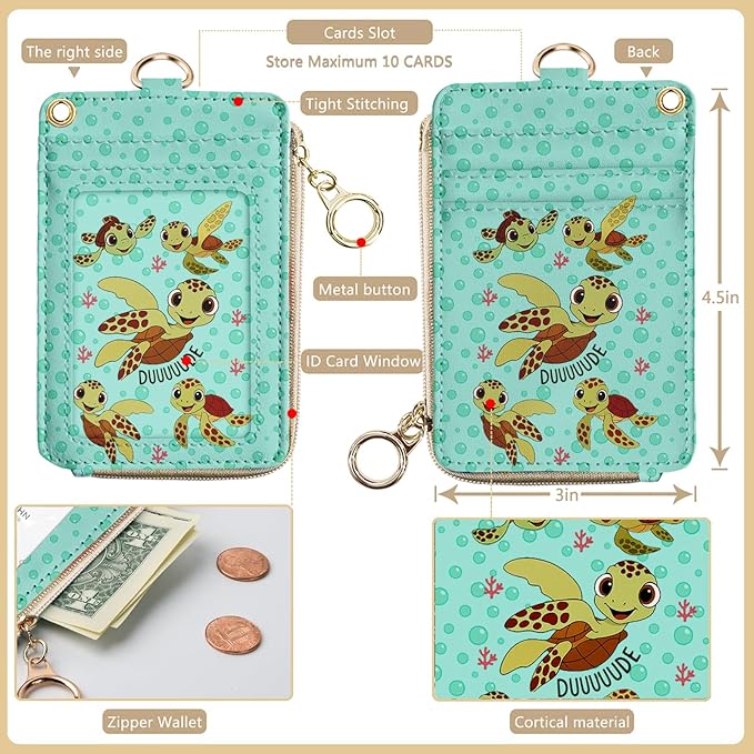 bolimoss Turtle Lanyard Wallet with ID Badge Holder,Cute RFID Leather Wristlet Keychain Lanyard with Zipper Pocket Detachable Neck Lanyard Phone Holder Keyring, Name Tag Holder for Students Teacher
