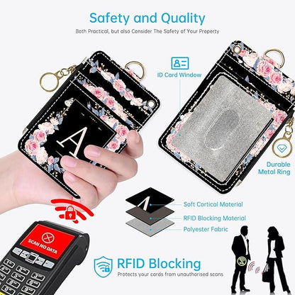 A-Z Letter 2-in-1 ID Badge Holder & Lanyard Wallet for Teachers,Nurse,Professionals-Cute Zippered Coin Pouch,Removable Wristlet & Neck Lanyard,5 Card Slots Stylish Work Essential A