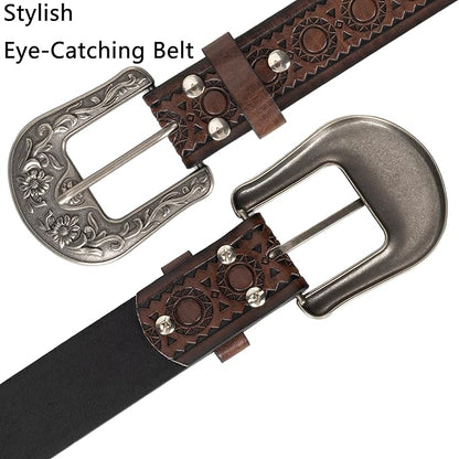 Mealah Vintage Western-Cowboy-Belt for Women Men - Carved Buckle PU Leather Waist Belts (for Waist 28"-38")