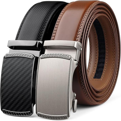 Founders & C Mens Belt 2 Pack,Leather Ratchet Click Belt Dress with Slide Buckle 1 3/8" in Gift Set Box- Size Adjustable