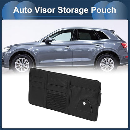 Car Sun Visor Organizer, Auto Visor Storage Pouch with Zipper W/Elastic Slot with Sunglasses Holder for Cards License Pen Organizer PU Leather Black