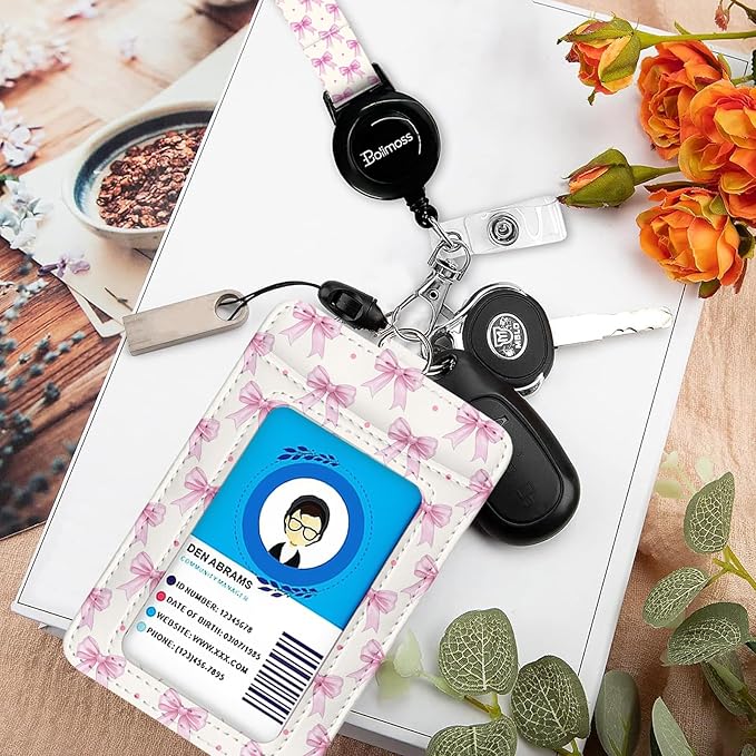 bolimoss Pink Bow Badge Holders, Cute PU Leather ID Card Name Bdge Holder with Detachable Neck Lanyard Strap and Retractable Badge Reel Metal Clip Sturdy Buckle for Key Wallet