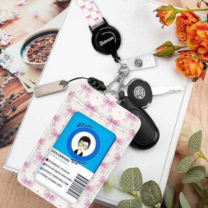 bolimoss Pink Bow Badge Holders, Cute PU Leather ID Card Name Bdge Holder with Detachable Neck Lanyard Strap and Retractable Badge Reel Metal Clip Sturdy Buckle for Key Wallet