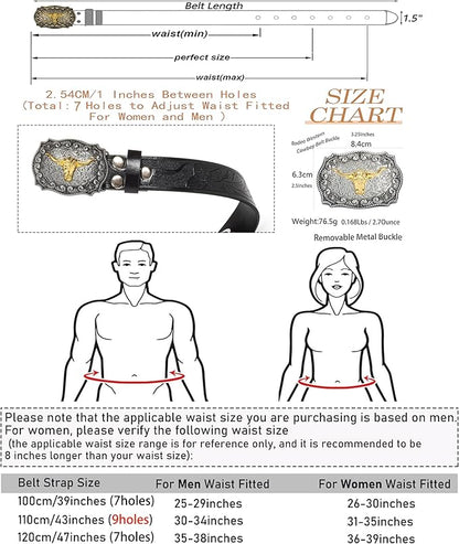 Western Cowboy-Belts for Men Big-Buckle Longhorn-Bull PU-Leather Rodeo Cowgirl-Belt Engraved Floral - Waist 25-38"