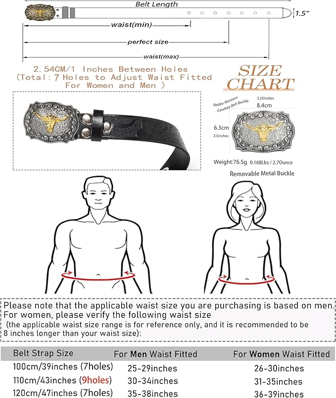 Western Cowboy-Belts for Men Big-Buckle Longhorn-Bull PU-Leather Rodeo Cowgirl-Belt Engraved Floral - Waist 25-38"