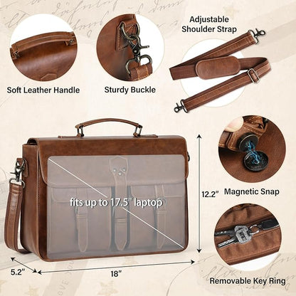 RAINSMORE Messenger Bag for Men 18 Inch Vintage Leather Laptop Briefcase Large Laptop Bag Waterproof Computer Satchel for Office Work Travel College, Brown