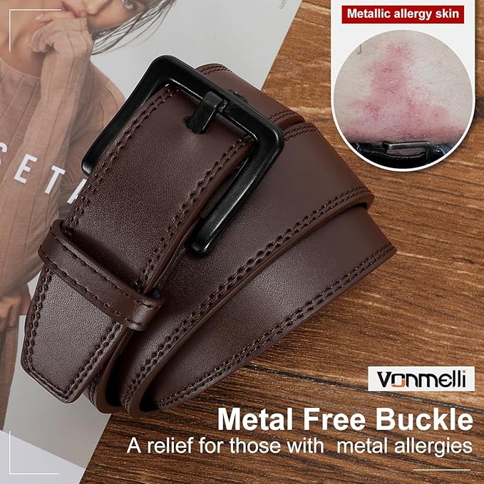 VONMELLI Nickel Free Leather Belt for Men, Non Metal TSA Approved Men’s Belt for Jeans with Hypoallergenic Buckle