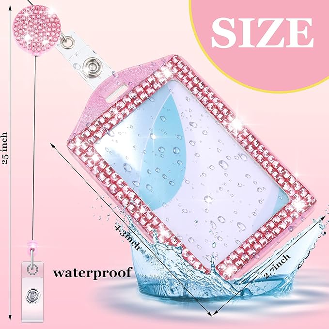 4 Pieces Bling ID Badge Holder Rhinestones Badge Holder Rhinestone ID Small Reel Rhinestone Cute Bling Crystal Reel Card for Office Business Home(Vertical)