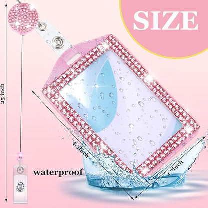 4 Pieces Bling ID Badge Holder Rhinestones Badge Holder Rhinestone ID Small Reel Rhinestone Cute Bling Crystal Reel Card for Office Business Home(Vertical)