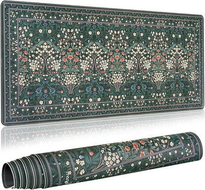 MOSISO Large Mouse Pad Gaming Mousepad, 35.43 x 15.74 inches Vintage Floral Cluster PU Leather Mousepad with Anti-Slip Base&Stitched Edges, Keyboard Pad Mouse Mat for Desktop/Office/Home, Green