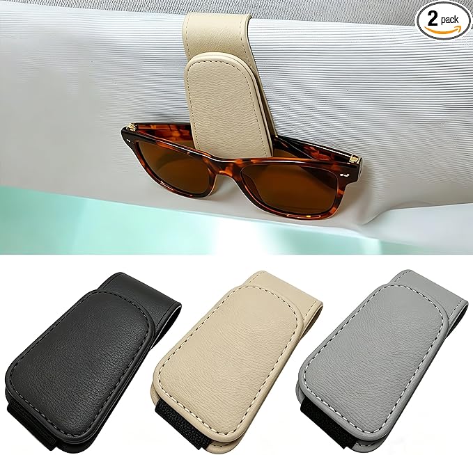EldHus Sunglass Holder for Car Visor - 2 Pack Magnetic Car Glasses Holder Clip, Leather Eyeglass Holder for Car, Universal Vehicle Sunglasses Hanger Eyeglasses Mount, Beige