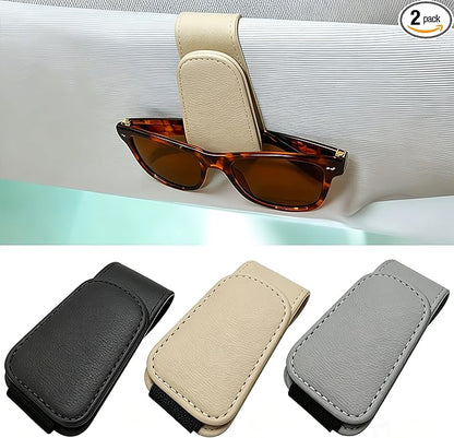 EldHus Sunglass Holder for Car Visor - 2 Pack Magnetic Car Glasses Holder Clip, Leather Eyeglass Holder for Car, Universal Vehicle Sunglasses Hanger Eyeglasses Mount, Beige