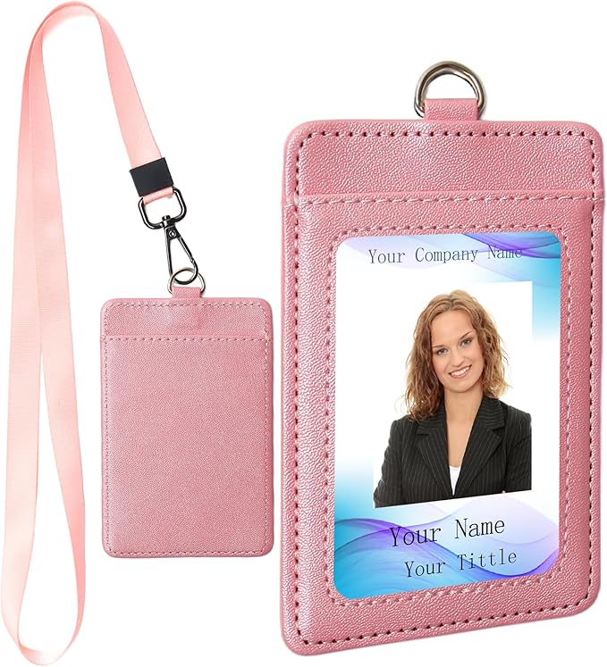 Leather Badge Holder with Adjustable Lanyards,Swivel Metal Clasp for Offices, Staff, Students, Employees (Pink)