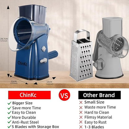 Upgrade Rotary Cheese Grater Shredder with Handle, Strong Suction Base, Multi-purpose Rotary Grater Slicer with 5 Interchangeable Blades for Ice, Vegetables, Fruit, Nuts with Blade Storage Box