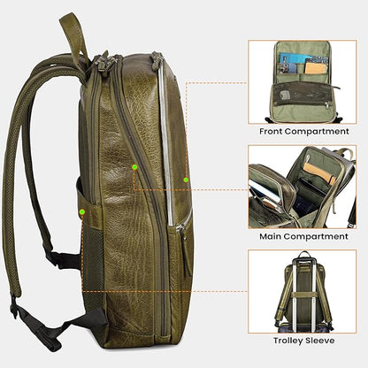LEATHER VILLAGE Leather Laptop Backpack for Men | Olive | Slim Professional Business Bag Fits 15.6”-Laptop | Water-Repellent Work & Travel Daypack with Trolley Strap