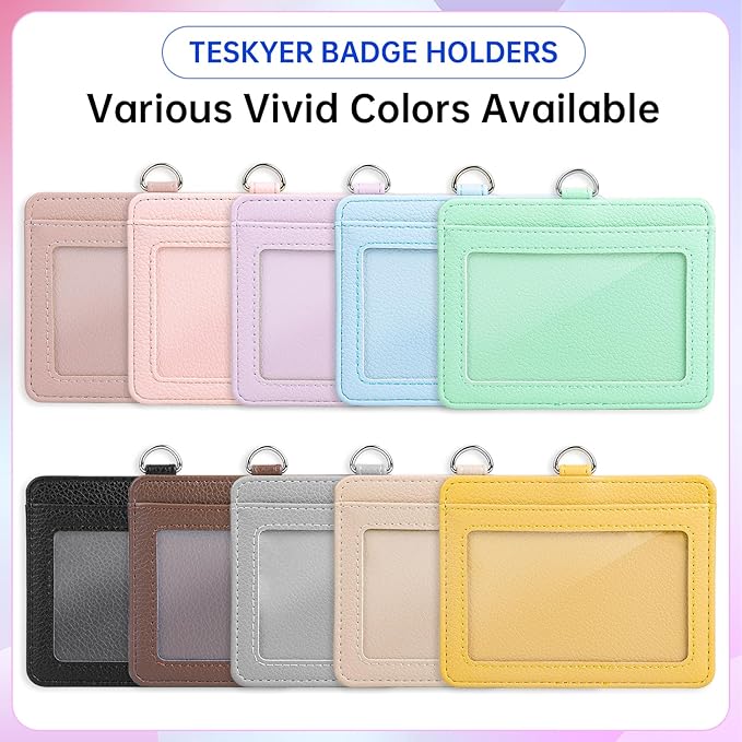 Teskyer Badge Holder with Lanyard, Leather ID Name Badge Card Holder with Lanyard for ID Badges, Horizontal, Lychee Pattern Dark Pink