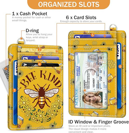 Yonlevres Credit Card Holder Slim Wallet, Bee RFID Wallet Women Front Pocket Small Card Holder, Travel Cute Funny Thin Card Case ID Window PU Leather RFID Blocking Card Organizer Gifts Girls Ladies