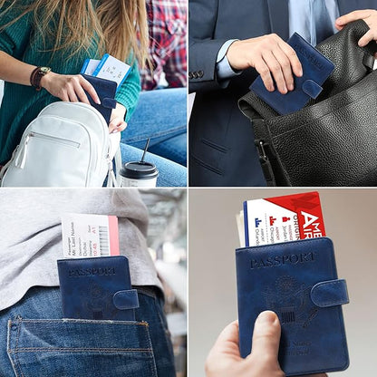 RSAquar Passport Holder for Women and Men, Premium PU Leather Travel Passport Wallet RFID Blocking Passport Cover Travel Documents Organizer with Pen Holder, Blue#2