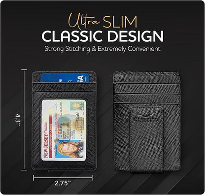 Claasico Men’s Leather Money Clip Wallet – Slim Front Pocket Wallet w/Super Strong Magnetic Clip, RFID Blocking, 5 Card Slots & Center Pocket + ID Window