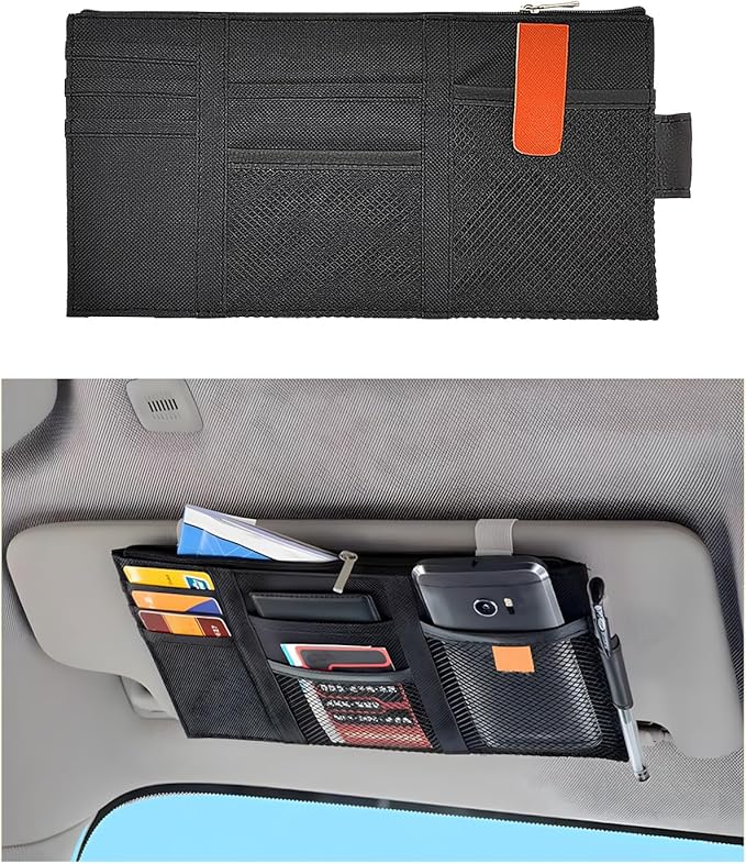 povtii Car Sun Visor Organizer, Oxford Cloth Sun Visor Multi-Pocket Storage Holder with Zipper, Auto Visor Storage Net Pouch for Card Note Phone Registration, Car Accessories (Black)