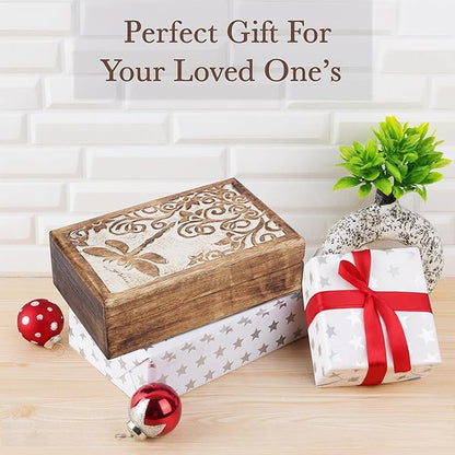 Ajuny Wooden Jewelry Keepsake Box 8x5 Inch – Handcrafted Decorative Treasure Chest for Men & Women, Multipurpose Reptier Carved Wooden Storage Box for Trinkets, Memory, Gifts, and Home Decor