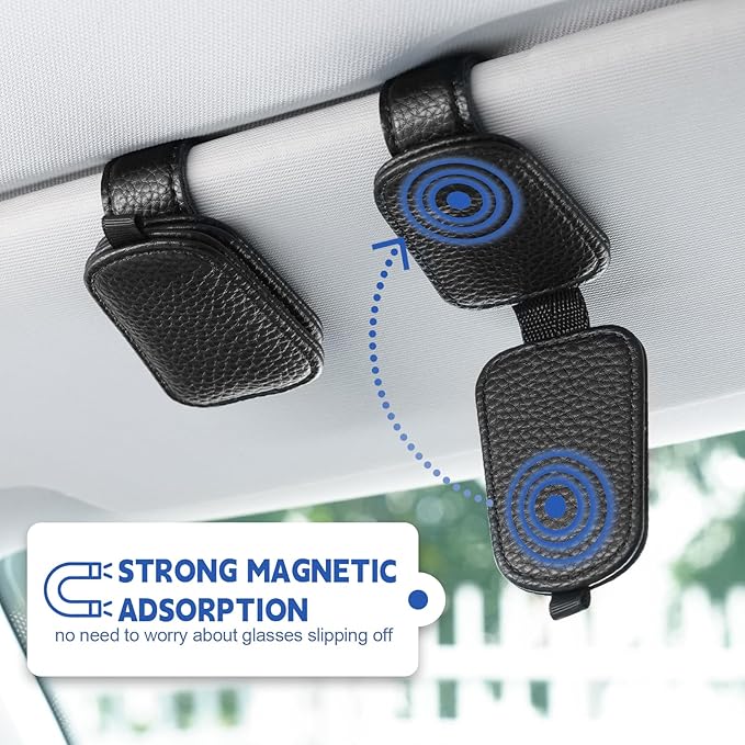 JUSTTOP 2 Pack Sunglasses Holders for Car, Magnetic Leather Buckle Sun Visor Sunglass Clip, Ticket Card Clip Sunglasses Mount, Car Interior Accessories for Men and Women (Black)